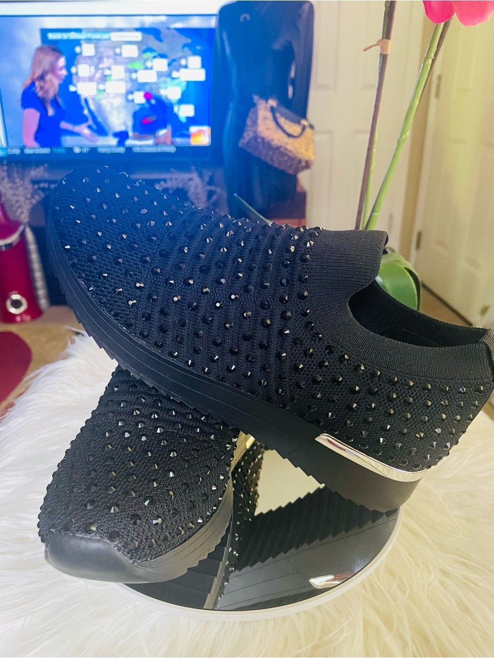 Kenneth Cole Black Knit Slip-On Sneakers with Silver Heel Trim